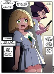 2girls absurdres age_regression aged_down blonde_hair child commentary dress english_commentary english_text glasses green_eyes highres lusamine_(pokemon) multiple_girls nico-neko nintendo open_mouth pokemon pokemon_sm purple-framed_eyewear purple_hair short_hair speech_bubble twitter_username watermark web_address white_dress wicke_(pokemon)