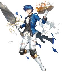 Rule 34 | 1boy, blue eyes, blue hair, butler, clenched teeth, damaged, finn (fire emblem), finn (tea party) (fire emblem), fire emblem, fire emblem: genealogy of the holy war, fire emblem: thracia 776, fire emblem heroes, gloves, highres, knife, male focus, nintendo, non-web source, official alternate costume, official art, one eye closed, solo, teeth, torn clothes, white gloves