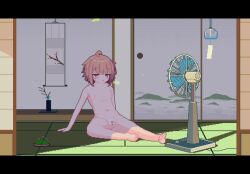 1girl ahoge animated animated_gif bar_censor blush bob_cut breasts breath brown_hair casual_nudity censored cleft_of_venus completely_nude dithering electric_fan fan feet female_focus hot indoors leaves loli looping_animation mosquito_coil navel nipples nude on_floor original pixel_art plant potted_plant pussy red_eyes shade shadow short_hair sitting sliding_doors small_breasts solo sotie tatami toe_scrunch toes wind wind_chime