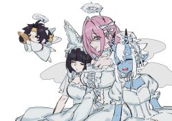 Rule 34 | 1boy, 3girls, animal ears, asaba harumasa, black hair, blue oni, bow, chibi, dress, fox ears, fox girl, glasses, hair between horns, halo, head on another&#039;s shoulder, headband, horns, long hair, multicolored horns, multiple girls, offnanoda, oni, pink eyes, pink hair, puffy short sleeves, puffy sleeves, short sleeves, simple background, sleeping, smile, soukaku (zenless zone zero), tsukishiro yanagi, two-tone horns, white bow, white dress, white hair, white halo, white wings, wings, yellow headband, zenless zone zero