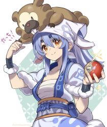 1girl adapted_costume akari_(pokemon) akari_(pokemon)_(cosplay) alternate_costume animal_ears belt_pouch bidoof blue_hair blush breasts closed_mouth commentary cosplay cowboy_shot fur-trimmed_kimono fur_trim gen_4_pokemon green_background hair_between_eyes headscarf highres holding holding_poke_ball hololive japanese_clothes kimono light_blue_hair long_hair looking_at_viewer medium_breasts multicolored_hair nintendo obi obiage obijime on_head poke_ball poke_ball_(basic) pokemon pokemon_(creature) pokemon_legends:_arceus pokemon_on_head ponytail pouch rabbit_ears rabbit_girl rabbit_tail red_eyes sarashi sash shippou_(pattern) shuri_(84k) sidelocks smile solo sparkle standing tail thick_eyebrows translated twitter_username two-tone_hair usada_pekora virtual_youtuber white_background white_hair white_headscarf white_headwear white_kimono wrist_wrap