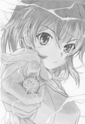 1girl :&lt; absurdres coin derivative_work electricity electrokinesis female_focus graphite_(medium) greyscale hair_ornament hairclip highres misaka_mikoto monochrome rinsu short_hair solo toaru_kagaku_no_railgun toaru_majutsu_no_index traditional_media