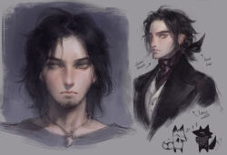 1boy beard bishounen black_hair black_jacket blush bow bowtie closed_mouth commentary couple dungeons_&amp;_dragons elrik_(nat_the_lich) english_commentary facial_hair formal_clothes fox goatee heart jacket jewelry male_focus medium_hair messy nat_the_lich navel necklace original pale_skin pink_lips renard_beauchene_(nat_the_lich) sideways_glance solo sparkle strapless suit_jacket tail tail_wagging tooth_necklace vest waistcoat wavy_hair white_vest wolf yaoi