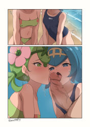1boy 2girls 2koma absurdres bare_shoulders beach bikini blue_eyes blue_hair blue_one-piece_swimsuit blush breasts censored comic cooperative_fellatio fellatio ffm_threesome green_eyes green_hair group_sex hetero highres izuna_masaru lana_(pokemon) licking licking_penis loli mallow_(pokemon) mosaic_censoring multiple_girls nintendo one-piece_swimsuit oral penis pokemon pokemon_sm small_breasts swimsuit teamwork_(sexual) threesome tongue tongue_out trembling water