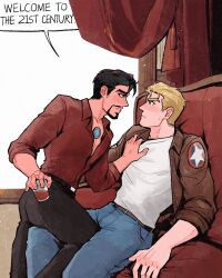 Rule 34 | 2boys, alcohol, arc reactor, avengers (series), belt, black belt, black hair, black pants, blonde hair, blue eyes, blue pants, brown eyes, brown jacket, chair, closed mouth, collared jacket, collared shirt, commentary, cup, curtains, denim, drinking glass, english commentary, facial hair, half-closed eyes, hand on another&#039;s chest, holding, holding cup, jacket, leather, leather jacket, long sleeves, looking at another, male focus, marvel, multiple boys, on chair, open clothes, open jacket, pants, red shirt, shirt, short hair, simple background, sitting, sitting on person, smile, star (symbol), star print, steve rogers, sweatdrop, t-shirt, teeth, the avengers: earth&#039;s mightiest heroes!, tony stark, v-shaped eyebrows, weibo 7899261198, whiskey, white background, white shirt, yaoi