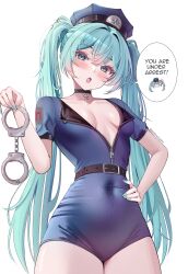 1girl :o absurdres aqua_eyes aqua_hair aqua_nails belt belt_buckle black_belt blue_jumpsuit blush breasts breasts_apart buckle chaisia_art collarbone covered_navel cowboy_shot cuffs double-parted_bangs eyelashes fingernails hair_intakes hand_on_own_hip handcuffs hat hatsune_miku head_tilt high_belt highres holding holding_handcuffs jumpsuit lapels long_hair looking_at_viewer number_print partially_unzipped peaked_cap pendant_choker police police_hat police_uniform policewoman short_jumpsuit short_sleeves simple_background small_breasts solo speech_bubble twintails vocaloid white_background