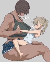 1futa 1girl arm_grab bare_legs biceps blonde_hair blue_eyes breasts brown_hair closed_eyes clothed_sex cutoffs dark-skinned_female dark_skin denim denim_shorts futa_with_female futanari grey_background half-closed_eyes heart height_difference highres huge_breasts implied_futanari kei_(m_k) loli m_k muscular muscular_female one-piece_swimsuit original panty_straps ponytail rika_(m_k) sex short_hair shorts simple_background size_difference small_breasts stomach_bulge straddling sweat swimsuit tall_female tank_top tomboy tongue tongue_out