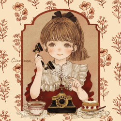 1girl antique_phone black_ribbon black_tea blush brown_eyes brown_hair cake cinnamon_(katsura) corded_phone doily faux_retro_artstyle floral_background floral_print food hair_ribbon holding holding_phone lace original phone retro_artstyle ribbon rotary_phone strawberry_shortcake tea