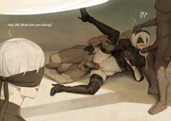 !? 1girl 2b_(nier:automata) 3boys 9s_(nier:automata) ^^^ artist_name black_boots black_hairband blindfold blush boots censored clothed_female_nude_male clothing_aside commentary covered_eyes english_commentary english_text erection faceless faceless_male group_sex hairband hetero highres holding_another&#039;s_leg juliet_sleeves leg_up leotard leotard_aside long_sleeves lying mmf_threesome mosaic_censoring multiple_boys nier:automata nier_(series) nude on_side puffy_sleeves sex short_hair skindentation thigh_boots thighhighs threesome vaginal white_hair white_leotard wjs07