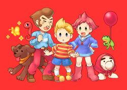 &gt;_&lt; 1girl 2boys :d :o balloon bandana bandana_around_neck belt belt_buckle blonde_hair blue_dress blue_eyes blue_shirt blue_shorts blush boney boots brown_belt brown_footwear brown_hair buckle bug butterfly closed_eyes commentary_request dog doseisan dress duster_(mother) facial_hair frog green_eyes hand_on_own_hip headscarf highres hood hood_down hooded_dress insect jewelry kumatora long_sleeves looking_at_viewer lucas_(mother_3) mother_(series) mother_3 multicolored_clothes multicolored_shirt multiple_boys mustache necklace nintendo open_mouth orange_bandana pants pawpads pink_boots pink_hair quiff red_background red_footwear red_pants red_shirt rope_snake satokichi shirt shirt_tucked_in shoes short_hair short_sleeves shorts simple_background smile snake sneakers socks sparkle standing striped_clothes striped_shirt t-shirt tongue tongue_out two-tone_shirt v-shaped_eyebrows white_socks yellow_butterfly yellow_shirt