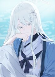 1girl absurdres blue_archive blue_haori blue_neckerchief blush closed_mouth evening_rabbit flower hair_flower hair_ornament hand_on_own_cheek hand_on_own_face haori highres japanese_clothes looking_at_viewer nagusa_(blue_archive) neckerchief ocean shirt skirt smile solo white_eyes white_flower white_hair white_shirt white_skirt