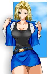 1girl android_18 belt blonde_hair blue_eyes breasts cleavage collarbone dragon_ball dragonball_z female_focus highres jacket large_breasts marishiten miniskirt no_legwear one_eye_closed pencil_skirt skirt smile solo thigh_gap wink