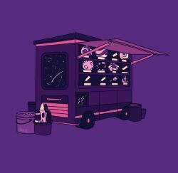 awning bucket comet commentary english_commentary food_truck limited_palette mellific menu_board monochrome moon motor_vehicle night no_humans object_focus original outdoors planet purple_background purple_theme rocket rocket_ship satellite saturn_(planet) shooting_star simple_background space spacecraft star_(sky) truck wheel