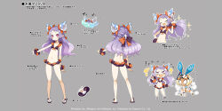 2girls angry animal_ears ass bikini blonde_hair chibi commentary_request concept_art disgaea disgaea_rpg flat_chest full_body harada_takehito laughing long_hair majorita_(disgaea) multiple_girls multiple_views official_art pink_eyes pointy_ears purple_hair rabbit_ears short_hair smile smug sparkle swimsuit translation_request usalia_(disgaea)