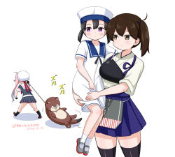 3girls black_hair black_thighhighs blue_hakama blue_sailor_collar bokukawauso brown_eyes carrying carrying_person cowboy_shot dragging dress hakama hakama_short_skirt hakama_skirt harusame_(kancolle) hat japanese_clothes kaga_(kancolle) kantai_collection long_hair masara_(chuujou) multiple_girls muneate one-hour_drawing_challenge otter purple_eyes sailor_collar sailor_dress sailor_hat shoes short_hair shounan_(kancolle) side_ponytail simple_background skirt tasuki thighhighs twintails uwabaki white_background white_dress white_hat