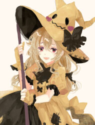 Rule 34 | 1girl, :d, black bow, bow, dan (syet), dress, fingerless gloves, gen 7 pokemon, gloves, hair between eyes, hat, hat bow, highres, long hair, mimikyu, nintendo, open mouth, personification, pokemon, puffy short sleeves, puffy sleeves, red eyes, short sleeves, sketch, smile, solo, tail, white background, yellow dress, yellow gloves, yellow hat