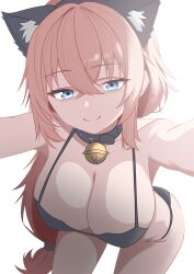 1girl absurdres aqua_eyes belt_collar bent_over bikini black_bikini black_bra black_choker black_collar black_panties blonde_hair blue_eyes bra breasts choker cleavage closed_mouth collar highres large_breasts leaning_forward long_hair looking_at_viewer meme_attire michinoku_komaro panties pink_hair seitokai_ni_mo_ana_wa_aru! simple_background smile solo standing string_bikini swimsuit underwear very_long_hair white_background xueli_shimazaki
