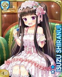 1girl bare_arms black_hair card_(medium) chair character_name dress earrings flower girlfriend_(kari) hair_flower hair_ornament indoors jewelry lolita_fashion mansion night official_art open_mouth pink_flower purple_eyes qp:flapper shiranui_isuzu side_ponytail sitting surprised tagme white_dress