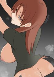 1boy 1girl ass bottomless bouncing_breasts breasts closed_mouth doggystyle hetero large_breasts long_hair looking_at_viewer minna-dietlinde_wilcke nipples red_eyes red_hair sex sex_from_behind strike_witches unkai_daraku world_witches_series