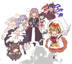 1boy 6+girls anger_vein animal_ears animal_print annoyed asymmetrical_wings black_dress black_hair blonde_hair blue_eyes blue_hair double_v dress gradient_hair green_eyes grey_skirt grey_vest hat highres hijiri_byakuren holding holding_polearm holding_weapon houjuu_nue kumoi_ichirin long_hair long_sleeves medium_hair mitsusame mouse_ears mouse_girl mouse_tail multicolored_hair multiple_girls murasa_minamitsu nazrin no_headwear open_mouth orange_skirt pointy_ears polearm purple_hair red_eyes red_shirt shadow shameimaru_aya shirt short_hair short_sleeves shorts skirt smile tail taking_picture tiger_print toramaru_shou touhou two-tone_hair unzan v vest weapon white_background white_dress white_shirt white_shorts wings yellow_eyes