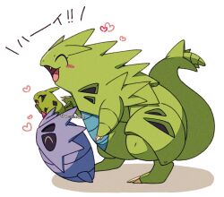 animal_focus blush_stickers bright_pupils claws closed_eyes creatures_(company) evolutionary_line fang fangs full_body game_freak gen_2_pokemon happy heart highres larvitar nintendo no_humans open_mouth pokemon pokemon_(creature) profile pupitar red_eyes sana_(sanaa653) simple_background smile spikes standing tyranitar white_background white_pupils