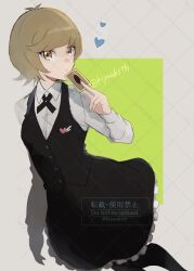 1girl arm_at_side between_fingers black_dress black_thighhighs black_vest border brown_eyes card card_between_fingers cross_tie dress dress_shirt facing_to_the_side formal_clothes frilled_dress frills green_background heart heart_pin holding holding_card kiyuubsth looking_at_viewer looking_to_the_side shirt short_hair thighhighs turning_head vest waistcoat watermark white_background white_border white_shirt yu-gi-oh! yu-gi-oh!_vrains zaizen_aoi