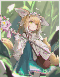 1girl animal_ears arknights blonde_hair blue_skirt cardigan closed_mouth colored_tips commentary fox_ears fox_girl fox_tail green_eyes high-waist_skirt highres holding holding_staff kitsune kyuubi multicolored_hair multiple_tails official_alternate_costume openvl skirt solo staff suzuran_(arknights) suzuran_(spring_praise)_(arknights) tail white_cardigan