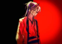 1boy aaawwwssslll black_background black_hair blood blurry blurry_foreground brown_hair chinese_clothes chinese_commentary coin coin_mask dao_gui_yi_xian hair_between_eyes half_updo hanfu holed_coin li_huowang long_hair long_sleeves male_focus mask mouth_veil ponytail profile red_background red_hanfu red_theme sash solo two-tone_background upper_body veil vignetting