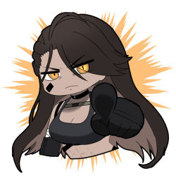 1girl abs artist_request black_gloves black_sports_bra brown_hair chibi chibi_only chinese_commentary dark-skinned_female dark_skin frown furrowed_brow girls&#039;_frontline girls&#039;_frontline_neural_cloud gloves long_hair magnhilda_(neural_cloud) muscular muscular_female official_art pointing pointing_at_viewer second-party_source sports_bra yellow_eyes