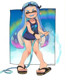 1girl ag_muscle artist_name black_sandals blue_hair border closed_eyes commentary commentary_request dolphin_shorts english_commentary eyelashes goggles goggles_on_head gradient_hair highres hose inkling inkling_girl inkling_player_character knees_together_feet_apart long_hair mixed-language_commentary multicolored_hair nintendo open_mouth outside_border pink_hair pointy_ears sandals shorts smile solo splatoon_(series) splatoon_3 standing tentacle_hair twitter_username two-tone_hair water white_border