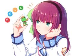 Rule 34 | 1girl, angel beats!, blue sailor collar, bow, copyright name, emblem, frog, green eyes, hair bow, hairband, kaginado, keropii, key, key (company), long hair, nakamura hinato, nakamura yuri, purple hair, sailor collar, school uniform, serafuku, shinda sekai sensen uniform, simple background, solo, upper body, white background