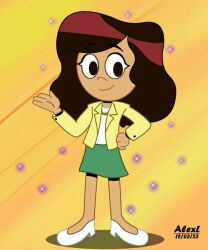 1girl 2023 20s alexl1196 bike_shorts bike_shorts_under_skirt black_eyes brown_hair closed_mouth dated disney green_skirt hand_on_own_hip high_heels highres jacket jewelry long_hair long_sleeves looking_at_viewer march molly_mcgee necklace open_clothes open_jacket shirt shoes skirt smile sparkle standing the_ghost_and_molly_mcgee white_footwear white_shirt yellow_background yellow_jacket