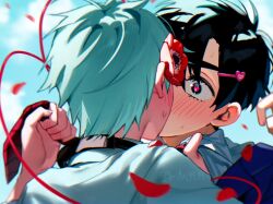 2boys 7eiaq3939 alien_stage anemone_(flower) black_eyes black_hair blue_jacket blush clothes_grab collar_grab collared_shirt commentary english_commentary falling_petals flower grey_hair hair_flower hair_ornament hairclip heart heart_hair_ornament heart_in_eye highres ivan_(alien_stage) jacket kiss male_focus multiple_boys necktie necktie_grab neckwear_grab petals red_flower red_necktie red_petals school_uniform shirt short_hair string string_of_fate surprise_kiss surprised symbol_in_eye till_(alien_stage) very_short_hair white_shirt yaoi