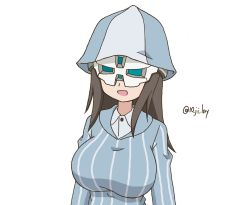 10_ji_lay 1girl :d blue_headwear blue_shirt brown_hair cosplay dress_shirt girls_und_panzer gundam gundam_suisei_no_majo helmet keizoku_school_uniform long_hair mika_(girls_und_panzer) noto_mamiko open_mouth prospera_(gundam) prospera_mercury prospera_mercury_(cosplay) school_uniform shirt simple_background smile solo striped_clothes striped_shirt tulip_hat twitter_username vertical-striped_clothes vertical-striped_shirt voice_actor_connection white_background white_shirt wing_collar