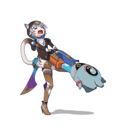 &gt;_&lt; 1girl 3d animal_ear_fluff animal_ears animal_hood bangboo_(zenless_zone_zero) belt boots braid cat_ears cat_girl cat_hood cat_tail catsaicin choker cipher_(honkai:_star_rail) company_connection crossover ears_through_hood fingerless_gloves foot_on_head full_body gloves gold_boots grey_hair highres honkai:_star_rail honkai_(series) hood hood_up hooded_leotard leotard long_hair long_sleeves magnet magnetiboo_(zenless_zone_zero) magnetism mihoyo mole mole_on_chest non-humanoid_robot open_mouth pouch robot side_braid simple_background single_braid standing standing_on_one_leg tail thigh_belt thigh_boots thigh_strap white_background zenless_zone_zero