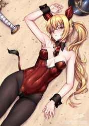 Rule 34 | 1girl, adsouto, animal ears, arm up, beach, blonde hair, breasts, collarbone, covered navel, detached collar, fake animal ears, fake tail, helmet, highres, leotard, long hair, looking at viewer, luciana de montefio, lying, medium breasts, necktie, on back, pantyhose, playboy bunny, red eyes, red leotard, red necktie, sand, side ponytail, signature, solo, strapless, strapless leotard, tail, unworn headwear, unworn helmet, variant set, very long hair, wrist cuffs, zenless zone zero
