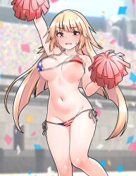 1girl absurdres american_flag american_flag_bikini american_flag_print areola_slip bikini blonde_hair blush breasts brooklyn_(kancolle) cheerleader commentary_request confetti flag_print flag_print_bikini furaggu_(frag_0416) highres holding holding_pom_poms kantai_collection kneehighs knees large_breasts long_hair looking_at_viewer navel open_mouth pom_pom_(cheerleading) pom_poms print_bikini side-tie_bikini_bottom socks solo standing stomach swimsuit thighs tongue underboob variant_set very_long_hair white_socks