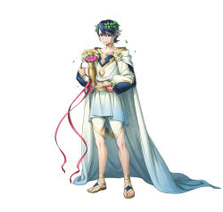 1boy absurdres alfonse_(fire_emblem) alfonse_(valentine)_(fire_emblem) argon_(exys) blonde_hair blue_eyes blue_hair bouquet cape commentary_request fire_emblem fire_emblem_heroes flower full_body gold_trim gradient_hair hair_between_eyes highres holding_vase laurel_crown leaf long_sleeves looking_at_viewer male_focus multicolored_hair nintendo official_alternate_costume official_art pink_flower puffy_long_sleeves puffy_sleeves sandals second-party_source short_hair simple_background smile solo standing tunic white_background white_cape white_flower yellow_flower