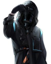 1other ambiguous_gender arknights black_gloves black_jacket chest_harness collar doctor_(arknights) faceless gloves harness highres hood hooded_jacket jacket long_sleeves mask mouth_mask multiple_straps peeking_out rhodes_island_logo_(arknights) solo upper_body uta_shiro11 visor visor_lift white_background