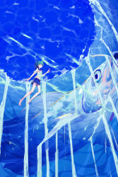 1girl absurdres animal barefoot blue_eyes blue_hair blue_sailor_collar blue_skirt blue_theme catfish chinese_commentary closed_mouth fantasy fish gradient_hair hair_lift highres looking_at_another miniskirt multicolored_hair neckerchief ocean original oversized_animal reaching reaching_towards_viewer red_neckerchief sailor_collar scenery school_uniform serafuku shirt short_hair short_sleeves skirt solo swimming underwater water waterfall waterfall_hole white_shirt ya_yan