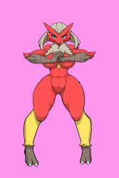 1girl abs absurdres arms_up blaziken breasts claws cracking_knuckles feet female_focus full_body furry furry_female gen_3_pokemon green_eyes hands_up highres kewon large_breasts legs_apart looking_at_viewer navel nintendo no_pussy pink_background platinum_blonde_hair pokemon pokemon_(creature) pokemon_rse short_hair simple_background smile solo standing teeth tongue tongue_out wide_hips