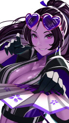 Rule 34 | absurdres, alternate color, black gloves, blush, breasts, brown eyes, brown hair, cherry blossom print, cleavage, crop top, eyewear on head, fatal fury, fatal fury: city of the wolves, floral print, gloves, hand fan, heart, heart-shaped eyewear, high ponytail, highres, holding, holding fan, jacket, large breasts, leather, leather jacket, long sleeves, looking at viewer, pointing, pointing at viewer, ponytail, shiranui mai, smile, zer0z vi, zipper