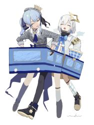 2girls absurdres amane_kanata amane_kanata_(1st_costume) armband ascot beret black_choker black_footwear black_gloves black_socks black_thighhighs blue_ascot blue_bow blue_bowtie blue_hair bow bowtie box calflet cardboard cardboard_box choker closed_eyes collared_shirt colored_inner_hair crown double-parted_bangs dress full_body gingham_socks gloves grey_jacket halo hat highres hololive hoshimachi_suisei hoshimachi_suisei_(1st_costume) jacket kneehighs long_sleeves multicolored_hair multiple_girls open_mouth partially_fingerless_gloves plaid_clothes plaid_dress sailor_collar shirt short_hair side_ponytail sidelocks single_kneehigh single_sidelock single_sock single_thighhigh sleeve_cuffs socks standing star_(symbol) star_halo star_ornament tai_inukai thighhighs train_costume turtleneck virtual_youtuber white_background white_hair white_sailor_collar white_socks wide_sleeves wings yellow_armband