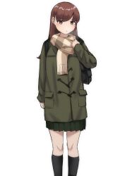 1girl absurdres black_socks brown_eyes brown_hair brown_scarf coat feet_out_of_frame garylin green_coat green_skirt highres kantai_collection long_hair long_sleeves looking_at_viewer multicolored_scarf official_alternate_costume ooi_(kancolle) ooi_(valentine)_(kancolle) parted_lips scarf skirt socks solo white_background yellow_scarf