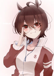 1girl absurdres adjusting_eyewear agnes_tachyon_(umamusume) animal_ears artist_name blush brown_hair chemical_structure closed_mouth collarbone collared_jacket earrings glasses hand_up highres horse_ears jacket jewelry long_sleeves looking_at_viewer medium_hair multicolored_jacket niihiro216 red_eyes red_jacket shirt simple_background single_earring smile solo t-shirt twitter_username two-tone_jacket umamusume watermark white_background white_jacket white_shirt wolf_cut zipper