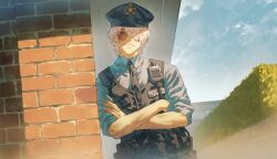 Rule 34 | 1boy, arurandeisu, commentary, crossed arms, fagi (kakikaki), hair over one eye, hat, highres, holostars, necktie, police, police hat, police uniform, policeman, short hair, solo, sunglasses, virtual youtuber, white hair