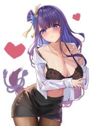 1girl absurdres alternate_costume black_bra black_skirt blush bra breasts brown_pantyhose cleavage closed_mouth collared_shirt commentary_request contemporary cowboy_shot crescent crescent_necklace dress_shirt genshin_impact hair_ornament heart highres jewelry lace lace_bra large_breasts long_hair long_sleeves low-braided_long_hair low-tied_long_hair necklace office_lady open_clothes open_shirt pantyhose pencil_skirt purple_eyes purple_hair raiden_shogun shirt simple_background skirt solo underwear white_background white_shirt zhajiangmian_mm