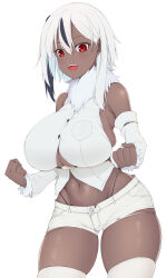 1girl absol absurdres asymmetrical_hair bare_shoulders black_hair blush breast_pocket breasts buttons clenched_hands creatures_(company) dark-skinned_female dark_skin detached_sleeves fur-trimmed_sleeves fur_collar fur_trim game_freak gen_3_pokemon highres huge_breasts long_hair looking_at_viewer midriff multicolored_hair natsuki_straight navel nintendo open_mouth panty_straps personification pocket pokemon red_eyes shirt short_shorts shorts simple_background skindentation smile solo stomach thighhighs torn_clothes torn_shorts two-tone_hair unbuttoned underbust white_background white_hair white_shirt white_shorts