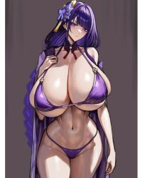 1girl absurdres alternate_breast_size bare_shoulders bikini blush braid breasts cleavage collarbone flower genshin_impact gigantic_breasts hair_ornament highres huge_breasts japanese_clothes kimono long_hair looking_at_viewer low-braided_long_hair low-tied_long_hair mole mole_under_eye navel purple_bikini purple_eyes purple_hair purple_nails raiden_shogun skindentation solo swimsuit thighs underboob undressing very_long_hair wolffeld_price