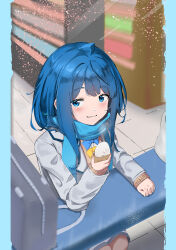 1girl absurdres ahoge blue_bow blue_bowtie blue_eyes blue_hair blue_scarf blush bow bowtie chinese_commentary closed_mouth commentary_request food highres holding holding_food jacket jyuunen-kun long_sleeves make_heroine_ga_oo_sugiru! medium_hair scarf sitting solo steamed_bun table white_jacket winter_uniform yanami_anna yellow_bow yellow_bowtie